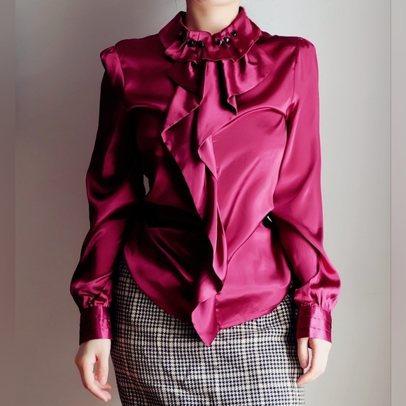 Vintage Satin Ruffle Neck Blouse - Deep Berry, Fits like S to M - Picture 3 of 6